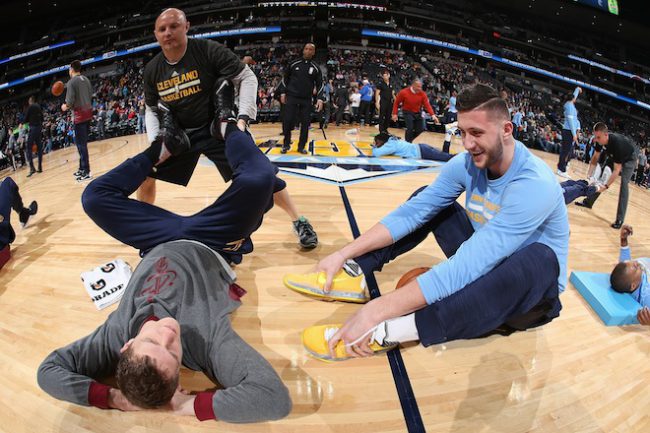 DENVER, CO - DECEMBER 29: (L-R) Timofey Mozgov #20 of the Cleveland Cavaliers and Jusuf Nurkic #23 of the Denver Nuggets stretch as they warm up prior to their game at Pepsi Center on December 29, 2015 in Denver, Colorado. The Cavaliers defeated the Nuggets 93-87. NOTE TO USER: User expressly acknowledges and agrees that, by downloading and or using this photograph, User is consenting to the terms and conditions of the Getty Images License Agreement. (Photo by Doug Pensinger/Getty Images)