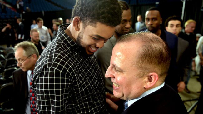 Minnesota Timberwolves center Karl-Anthony Towns shares a laugh with Tom Thibodeau, right, the team's new President of Basketball Operations and head coach, following a news conference in Minneapolis on Tuesday, April 26, 2016, during which Thbodeau and Scott Layden, the team's new General Manager, were introduced. (Pioneer Press: Scott Takushi)